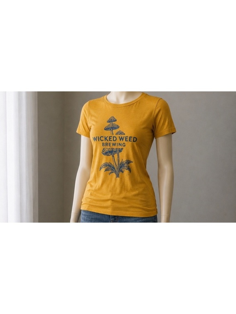 Wicked Weed Brewing Bella Canvas Graphic T-Shirt Mustard Yellow Blue Women’s M